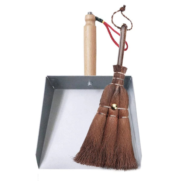 Mini Metal Dustpan and Brush Set Natural Bristle Hand Broom for Fireplace