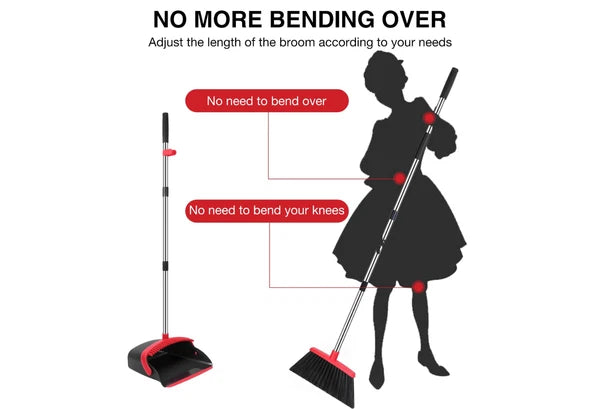 52in Long Handle Broom & Dustpan Set for Floor Cleaning (Black&Red)