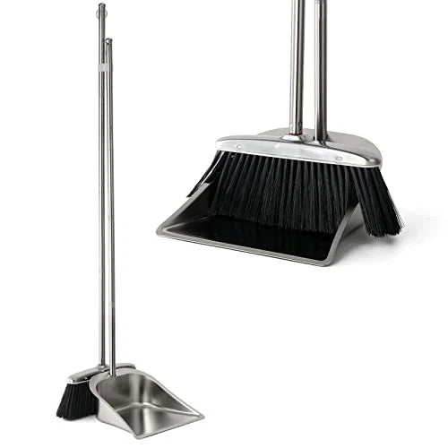 Heavy Duty Broom and Dust pan Set, Stainless Steel Black Broom and Dustpan Set