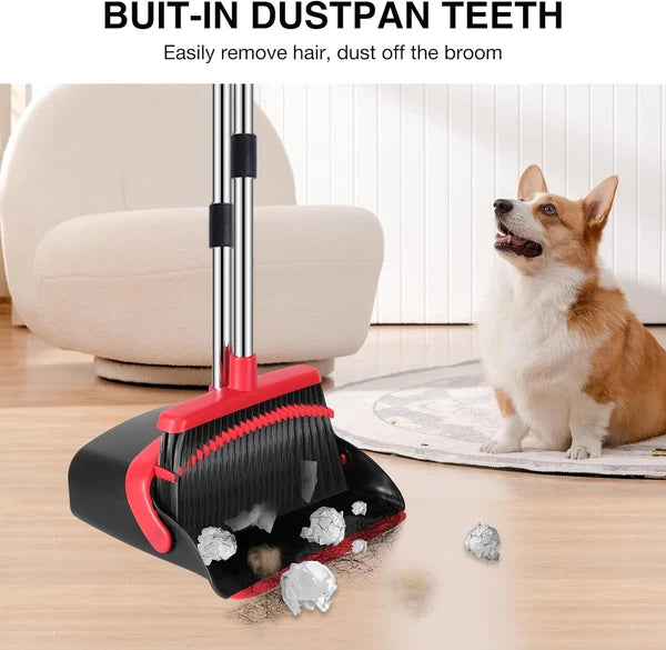 Broom and Dustpan Set, 52-in Long Adjustable Handle Medium, Black Red