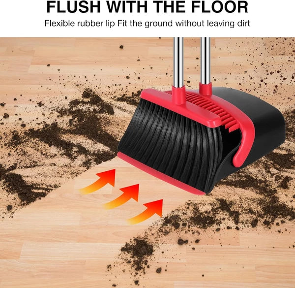 Broom and Dustpan Set, 52-in Long Adjustable Handle Medium, Black Red