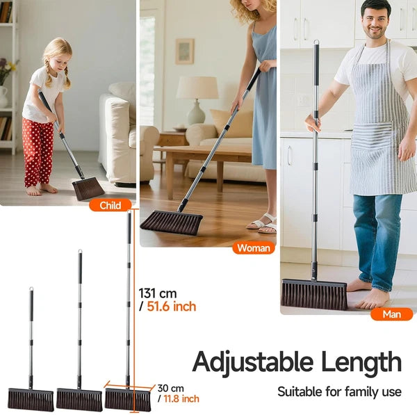 Broom Dustpan 51.6" Adjustable Long Handle 2 Replaceable Head Standing Set Lobby