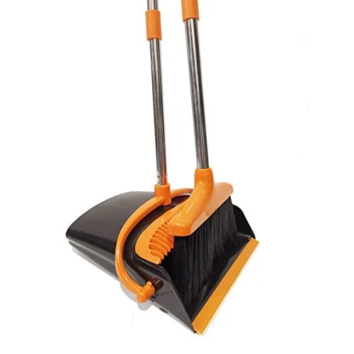Extendable Long Handle Broom and Dustpan Set, Stainless Lightweight Orange