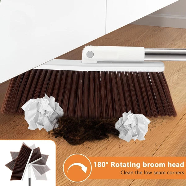Long Handle Broom & Dustpan Set with Lint Roller for Indoor/Outdoor Use
