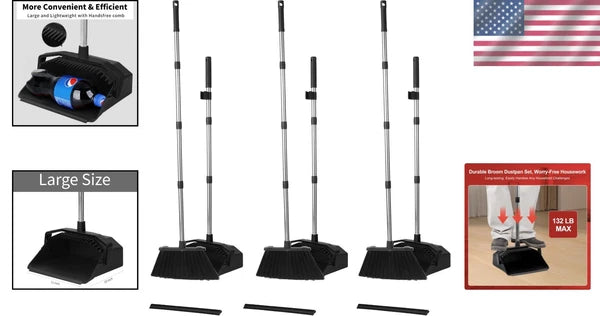 3-Pack Long Handle Broom & Dustpan Set - Perfect for Commercial Cleaning
