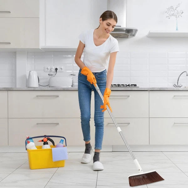 Long Handle Broom & Dustpan Set with Lint Roller for Indoor/Outdoor Use