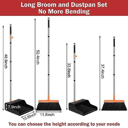 Broom and Dustpan Set, 4 Pack, 52" Long Handle Adjustable Broom with Dustpan