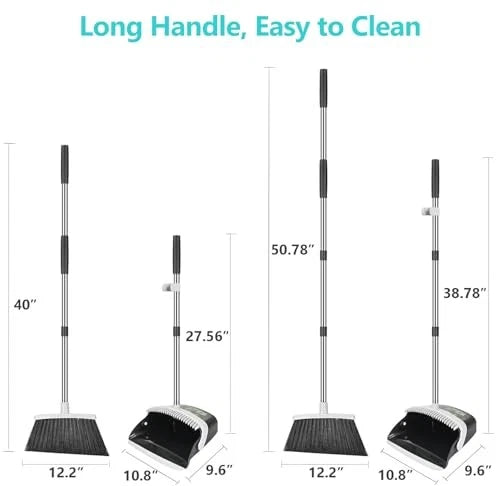 Broom and Dustpan Set, Broom with Dustpan Sets, Long Handle Dust Large Gray