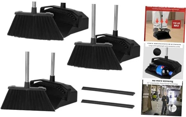 Broom with Dustpan Combo Set 3-Pack, Brooms and Dustpans Sets with Long
