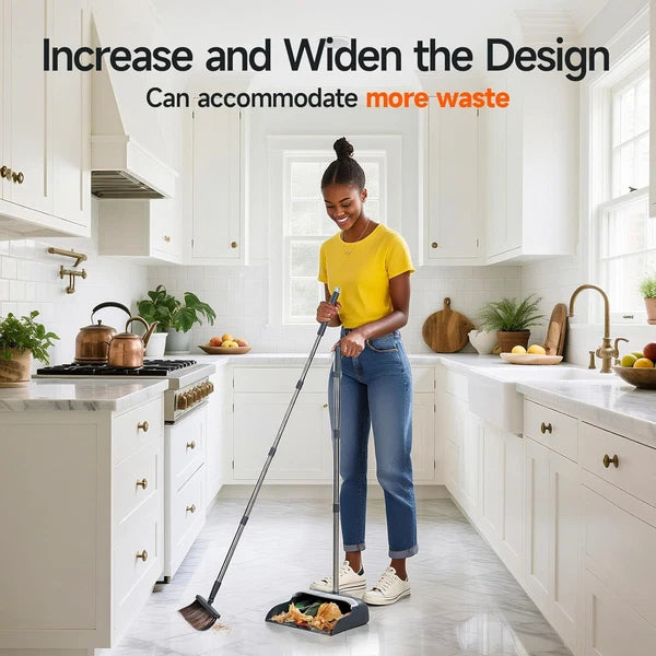 Broom Dustpan 51.6" Adjustable Long Handle 2 Replaceable Head Standing Set Lobby
