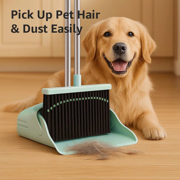 Pet Hair Broom & Dustpan Set – Long Handle 41–51″, TPR Edge, Self-Cleaning Du...