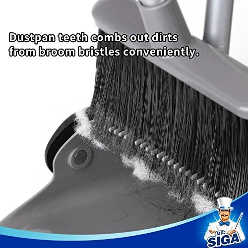 Broom and Dustpan Set with Adjustable Long Handle, Upright Combo for Gray