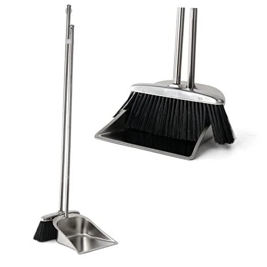 Heavy Duty Broom and Dust pan Set, Stainless Steel Black Broom and Dustpan Set