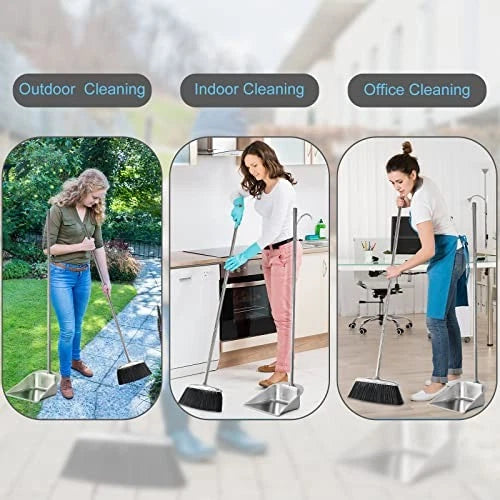 Heavy Duty Broom and Dust pan Set, Stainless Steel Black Broom and Dustpan Set