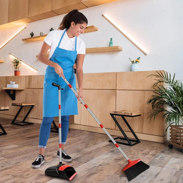 Broom and Dustpan Set for Home, Upright 55" Long Handle with Red