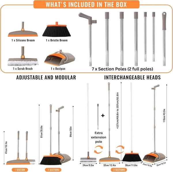 Multifunction 3-In-1 Broom Dustpan Silicone Broom Squeegee Scrub Brush Set Long