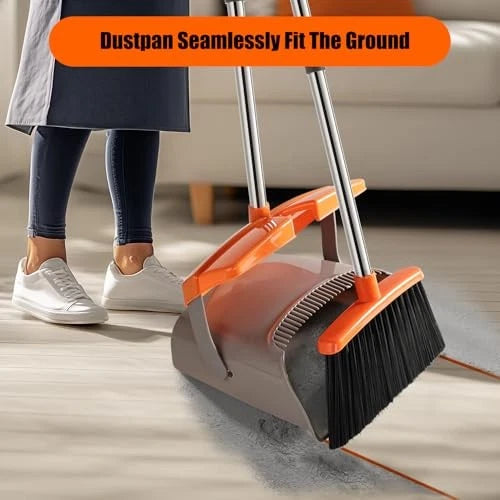 Broom and Dustpan Set with Long Handle, Windproof Stand Up Dustpan with Broom