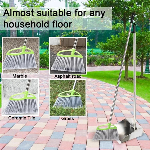 Heavy Duty Broom and Dustpan Set Metal Stand Up Pan with Stiff Bristle Brush