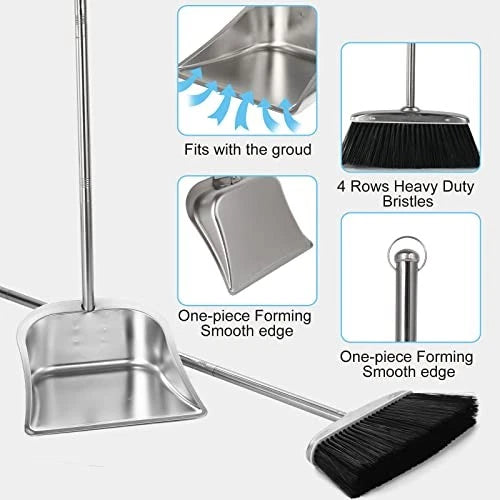 Heavy Duty Broom and Dust pan Set, Stainless Steel Black Broom and Dustpan Set