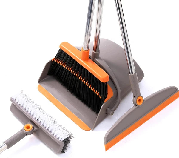 Multifunction 3-In-1 Broom Dustpan Silicone Broom Squeegee Scrub Brush Set Long