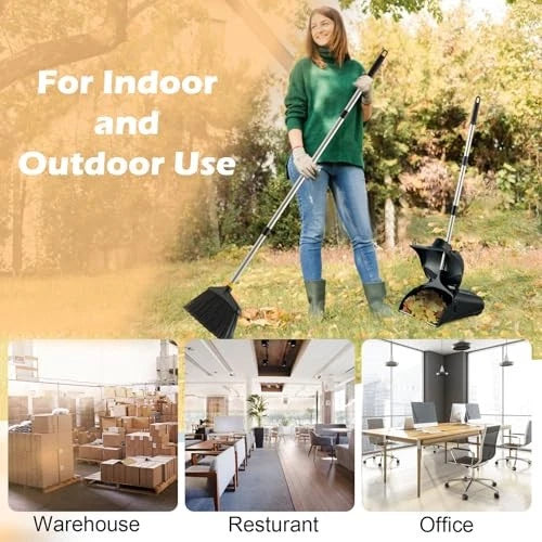 Outdoor Broom and Dustpan Set with Long Handle, Commercial Upright Standing
