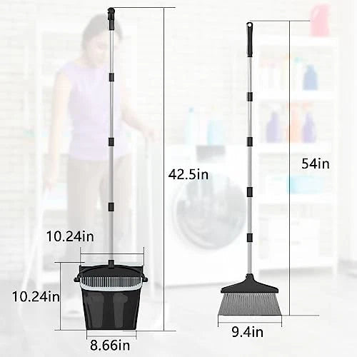 Broom with Dustpan Combo Set (54”) Long Handle Household Dust Black and Grey