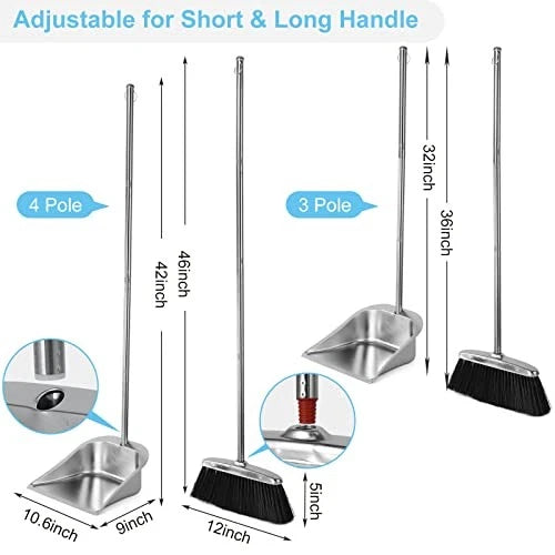 Heavy Duty Broom and Dust pan Set, Stainless Steel Black Broom and Dustpan Set