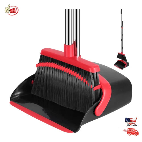 Broom and Dustpan Set 52 Inch Long Handle with Teeth Hair Removal Floor Cleaning