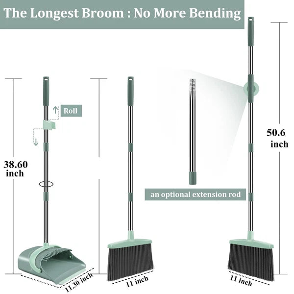 Broom and Dustpan Set for Home with Long Handle Comb Dustpan(Jade Green)