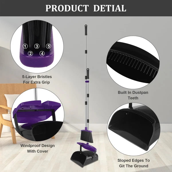 Broom and Dustpan Set 51"Long Handle with Combo Windproof and Self-Cleaning