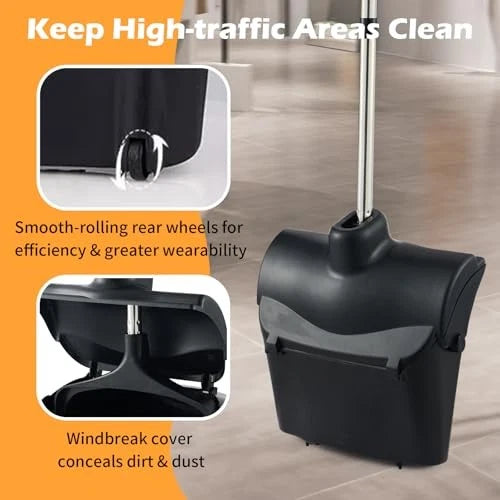 Outdoor Broom and Dustpan Set with Long Handle, Commercial Upright Standing