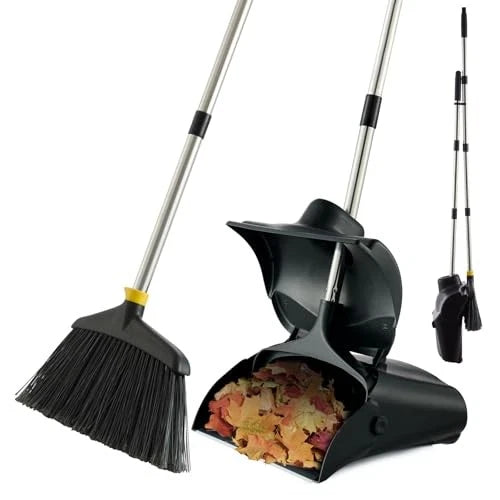 Outdoor Broom and Dustpan Set with Long Handle, Commercial Upright Standing