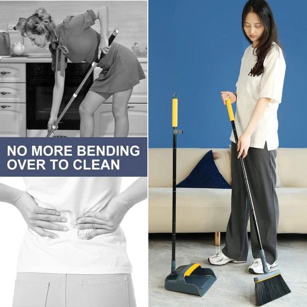 Broom and Dustpan Set 54 Inches Long Handle 180° Rotating Upright Standing