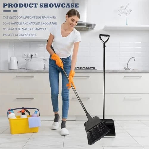 Broom with Dustpan Combo Set Outdoor Upright Dustpan and Broom Set with Long