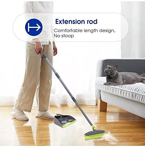 Adjustable Rubber Push Broom & Dustpan Set, Self-Cleaning, Long Handle