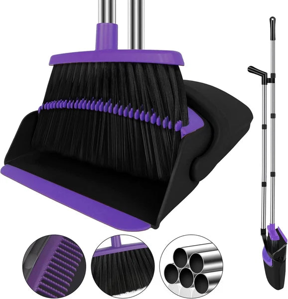 Broom with Dustpan Combo Set, 51" Household Dustpans and Normal, Purple