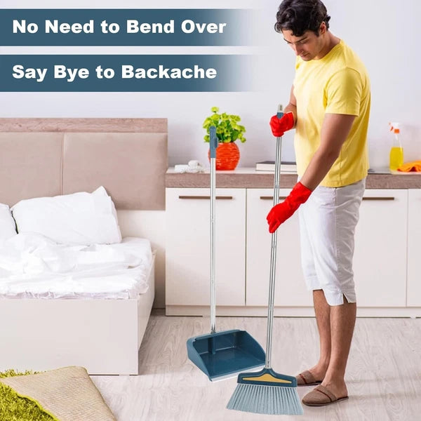 Broom with Dustpan Combo Set,Long Handle Broom and Sturdy Wide Dust Pan for Home