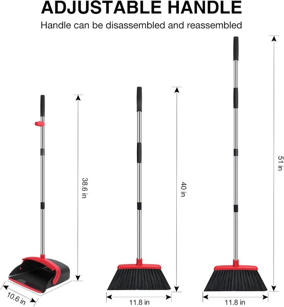 Broom and Dustpan Set, 52-in Long Adjustable Handle Medium, Black Red