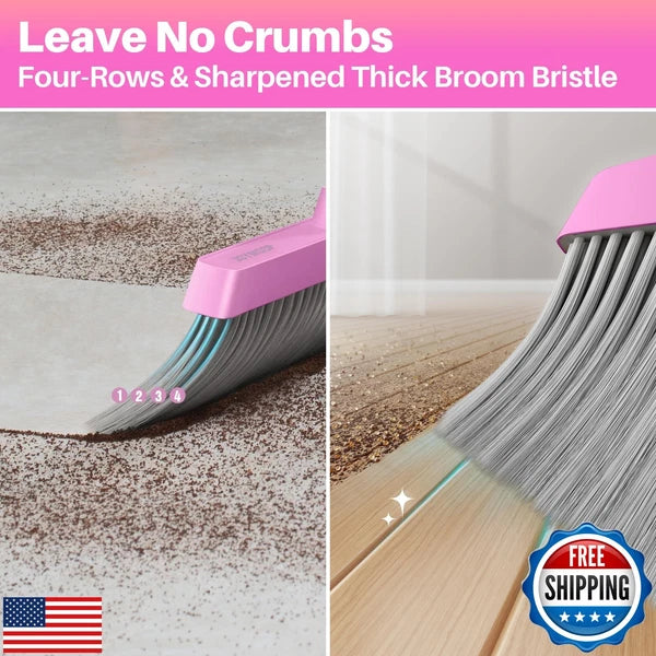 JOYMOOP Pink Broom and Dustpan Set with 56” Handle, Upright Angle with Built-