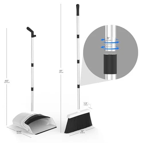 Broom and Dustpan Set - Adjustable Handle, Upright Standing, White, Black