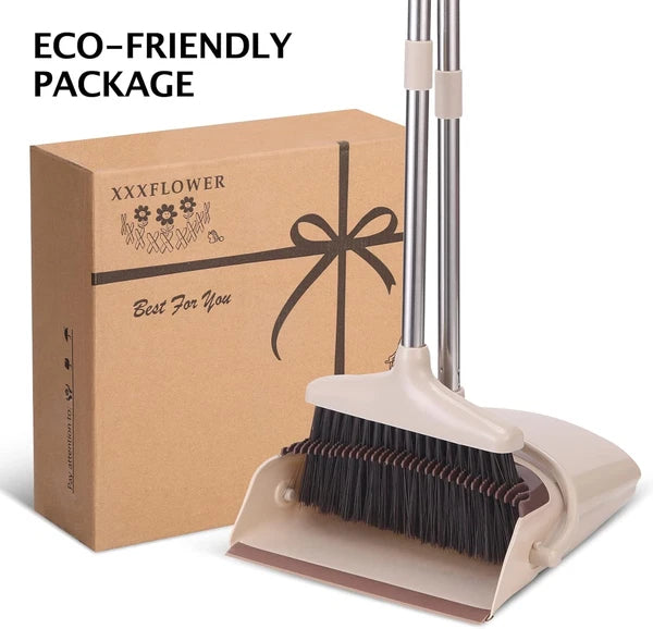 Long Handle Broom and Dustpan Set - Lightweight Stainless Steel, Brown & Beige