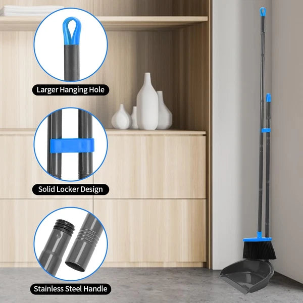 Broom and Dustpan Set ，Long Handle Broom with Upright Standing Dust pan for I...