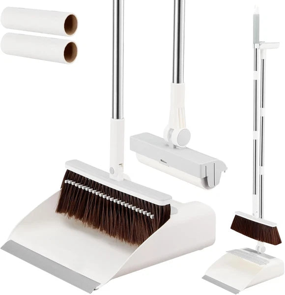 Long Handle Broom & Dustpan Set with Lint Roller for Indoor/Outdoor Use