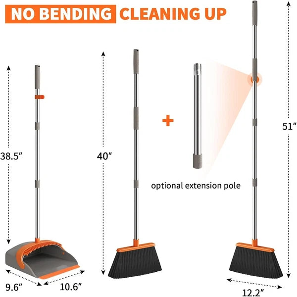Upgraded Broom and Dustpan Set, 52" Long Handle Standing Combo with Self-Clea...