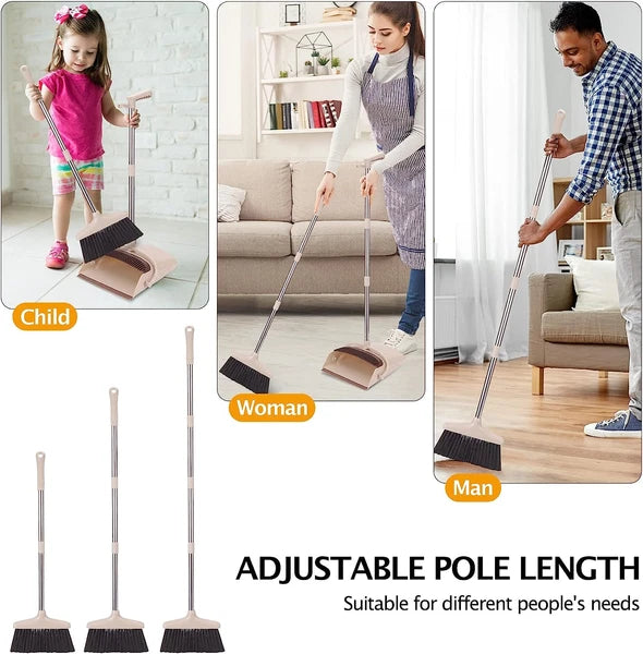 Long Handle Broom and Dustpan Set - Lightweight Stainless Steel, Brown & Beige